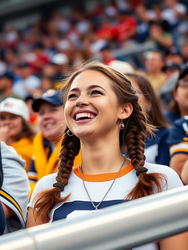 Attractive female NFL fan, pigtail hair, crowded bleacher row, rejoicing, cheering