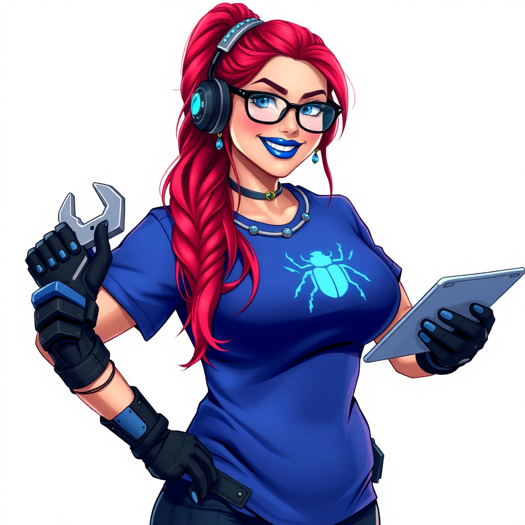 A full-sized, intelligent and tech-savvy 28-year-old computer hacker and tech genius. She has a long ruby red ponytail. She wears maximum blue lipstick, blue eyes, a sapphire beetle gemstone necklace, sapphire earrings, black eyeglasses, hi-tech power gloves, and a gigantic oversized maximum blue t-shirt featuring a neon blue glowing beetle chest icon. She has a full-figured physique with a gargantuan, round midsection, reflecting her well-cared-for lifestyle. She sports a sapphire headset with a hi-tech maximum turquoise lensed HUD, and a beaming smile accentuated by a passionate neon red blush. She serves as his tech expert from his hideout, holding a futuristic tool wrench and a futuristic digital tablet. The background is solid white. She is drawn as if she was in a retro 2D cyberpunk fighting game.