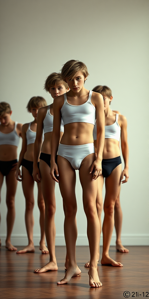 photorealistic, ultra high resolution, 16K, group of skinny teen boys wearing crop thin tank top, tight ballet briefs, long legs, bare thighs, long hairs bow cut. Full length view. Vintage photo, 