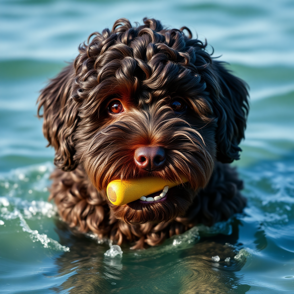 cute gigantic dark chocolate colored cockapoo coming out of the ocean, ultra realistic, ultra detailed, 50mm photo, toy in his mouth, huge