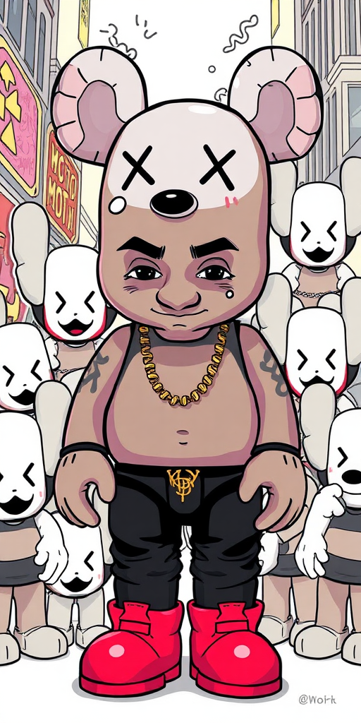 create an illustration of the rapper Chris Brown surrounded by Bearbrick and KAWS background hanoi