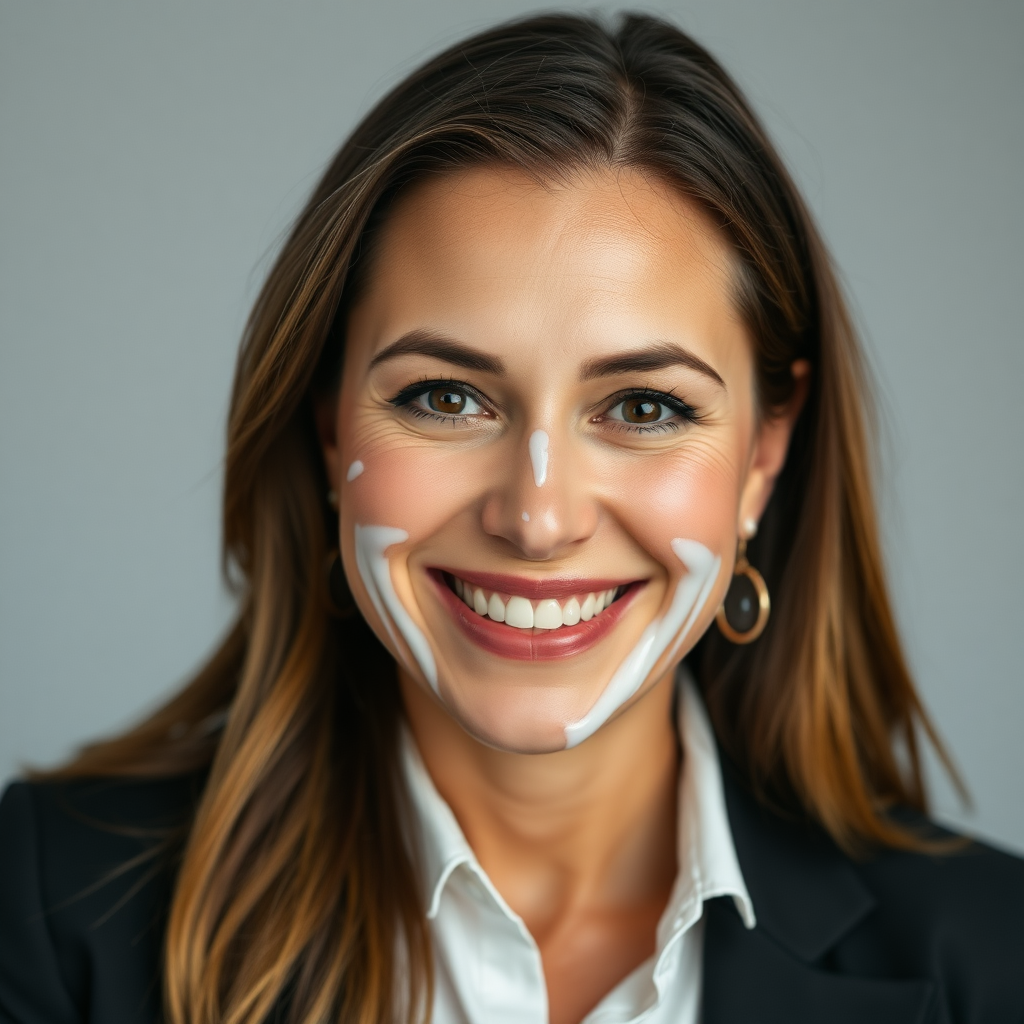 mature attractive business woman with white almost translucent slime drops on her face, she looks happy and smiling