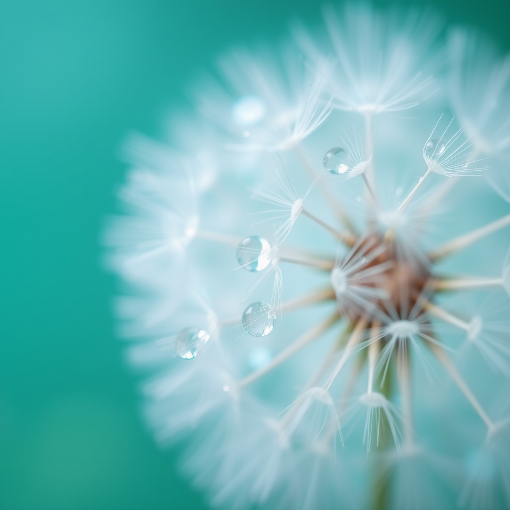 Close-up of delicate dandelion seeds adorned with sparkling water droplets, creating a dreamy atmosphere. The background features a soft gradient from teal to light turquoise, enhancing the ethereal quality. The seeds are translucent with fine, intricate details, while the water droplets capture and reflect light, adding depth and highlights. Soft bokeh effects blend harmoniously in the background, creating a serene, impressionistic aesthetic. Overall, the scene evokes a sense of tranquility and delicate beauty in nature.