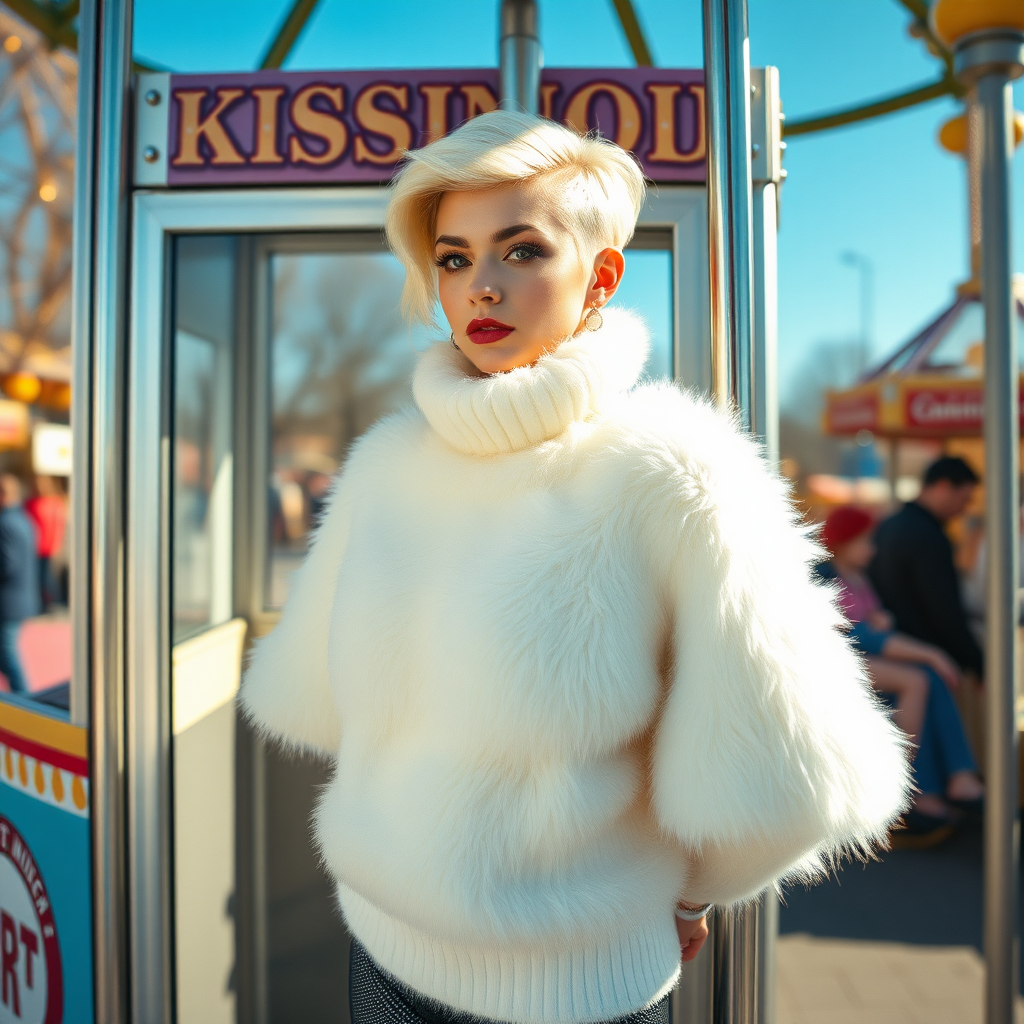 Amusement park “kissing booth”, sunny spring Sunday morning. Sam, 19 years old beautiful involuntary femboy, rebellious intractable character, petite boyish figure, platinum blond boyish rebel punk hairstyle, flawless heavily made-up face with sharp arched tattooed eyebrows, wearing Supertanya-style fluffy very fuzzy bright white angora thigh-length turtleneck-poncho fully covering body and arms, silver-glitter leggings, black leather high-heeled pumps, silver earrings, both hands tied to pole behind back, standing inside kissing booth, waiting for next customer to kiss. Focus on Sam’s face and turtleneck-poncho.