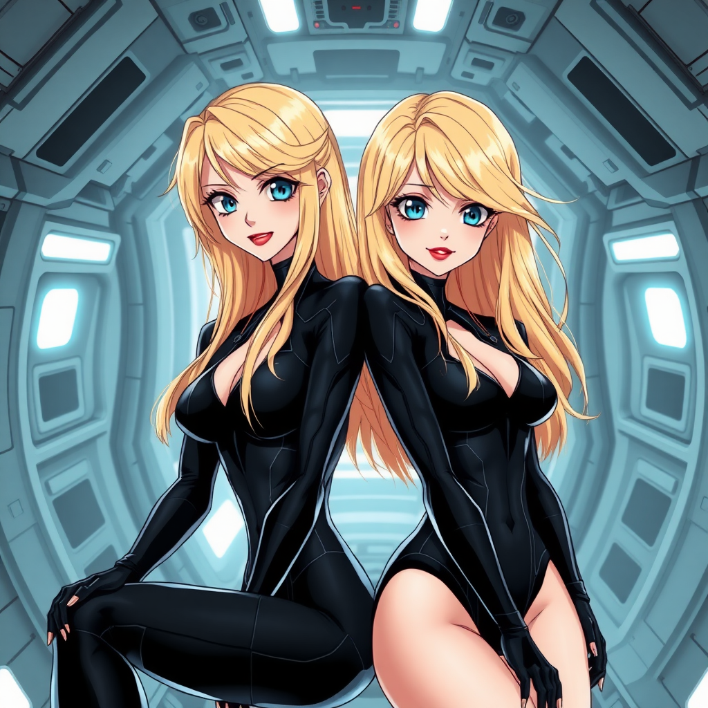 (Anime Styled Art) background of white-black spacecraft interior, 2 beautiful but cold blond-haired big blue eyed females, enigmatic wicked smile, they are wearing one-piece skintight scifi black suits, red lips