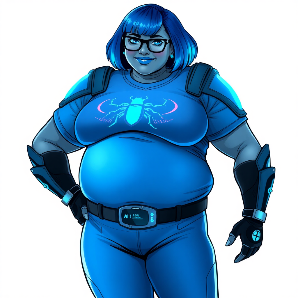 A 28-year-old, full-figured, middle gray skinned computer program hybrid with a maximum blue bob cut. She has a non-athletic build, highlighted by a prominent, round, large midsection (with emphasis on her large belly), which shows the aftermath of her pampering. As the heavily pampered digital sidekick to her cyberpunk vigilante boyfriend, her middle gray metallic skin and maximum blue lipstick emphasize her digital nature. She wears a digital, computerized costume inspired by DC’s Carrie Kelly Robin, consisting of a huge, tight-fitting, maximum blue t-shirt with a neon blue glowing chest icon of a beetle, hi-tech shoulder pads with neon blue accents, a black hi-tech belt with a digital neon blue glowing buckle, digital maximum blue pants with neon blue accents, and black hi-tech fingerless biker gloves with neon blue glowing accents. Her neon blue glowing eyes, black eyeglasses with a neon blue glowing HUD built into the lenses, and shy smile with neon red blush accentuate her nerdiness. She stands bashfully with one hand behind her back and the other hand gently touching her cheek, her costume covering all her skin and emphasizing her full-figured physique (especially her belly). She is clearly non-athletic, with a focus on her full-figured physique. Despite her build, she radiates beauty. She has a slim face compared to her physique, accentuating her radiant beauty. She is on a solid white background. She is drawn as if she were in a retro 2D cyberpunk fighting game.