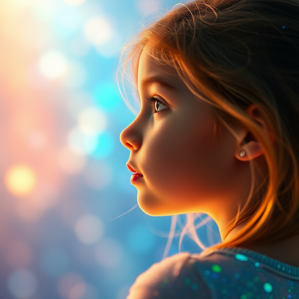 young preteen girl in profile, dreamscape, nebula, Bokeh, abstract, brilliant colors, glittering, translucent, mother of pearl, opal, iridescent, natural skin, glowing, artistic photo, wide angle, cute, interesting, microscopy, underwater, airy