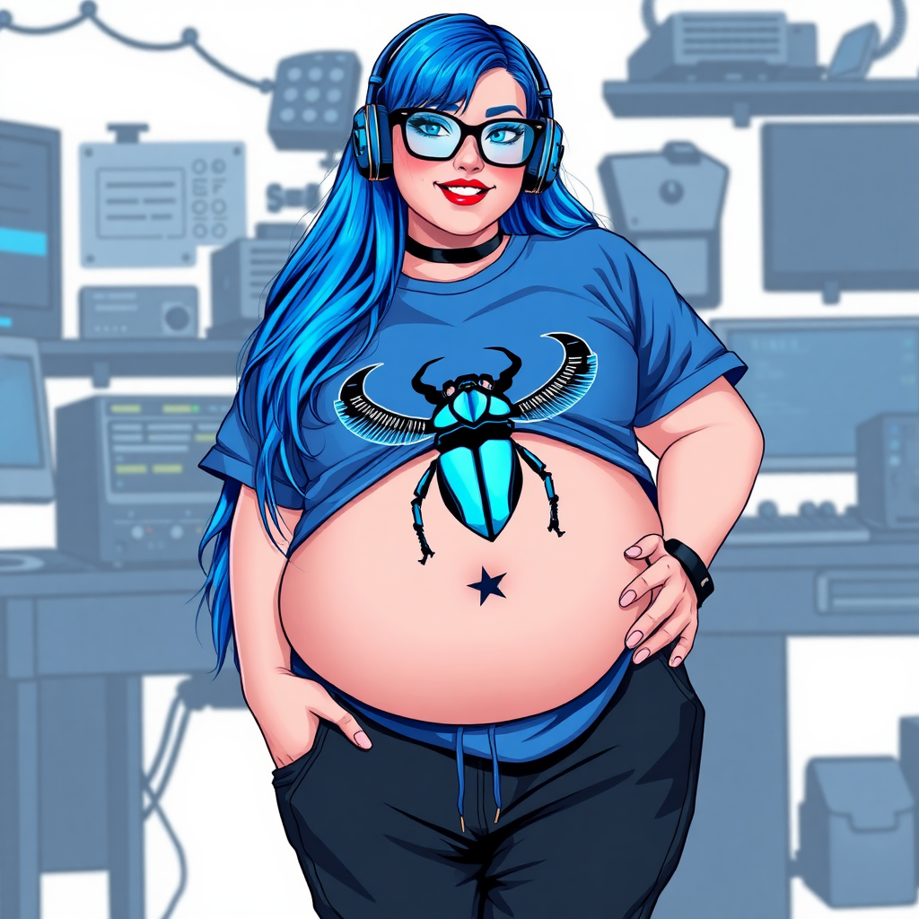 A cyberpunk vigilante's 28-year-old computer science major nerdy, full figured, heavily pampered computer hacker and tech-wiz girlfriend with long, maximum blue hair. She wears maximum blue lipstick and has bright blue eyes. Her outfit includes an oversized, maximum blue t-shirt (accentuating her gargantuan midsection) featuring a maximum blue gemstone beetle chest emblem. She sports black eyeglasses, black sweatpants, a sapphire headset with a maximum blue lensed HUD, with a beaming smile and neon red blush. Her full figure reflects the doting care of her vigilante boyfriend. As her boyfriend's tech-wiz, she primarily works in his hideout, operating from her workbench and her computer desk. The background is solid white. She has a prominent, round, gargantuan midsection. Her midsection is bloated to emphasize her full figure. She is drawn as if she was in a retro 2D cyberpunk fighting game.