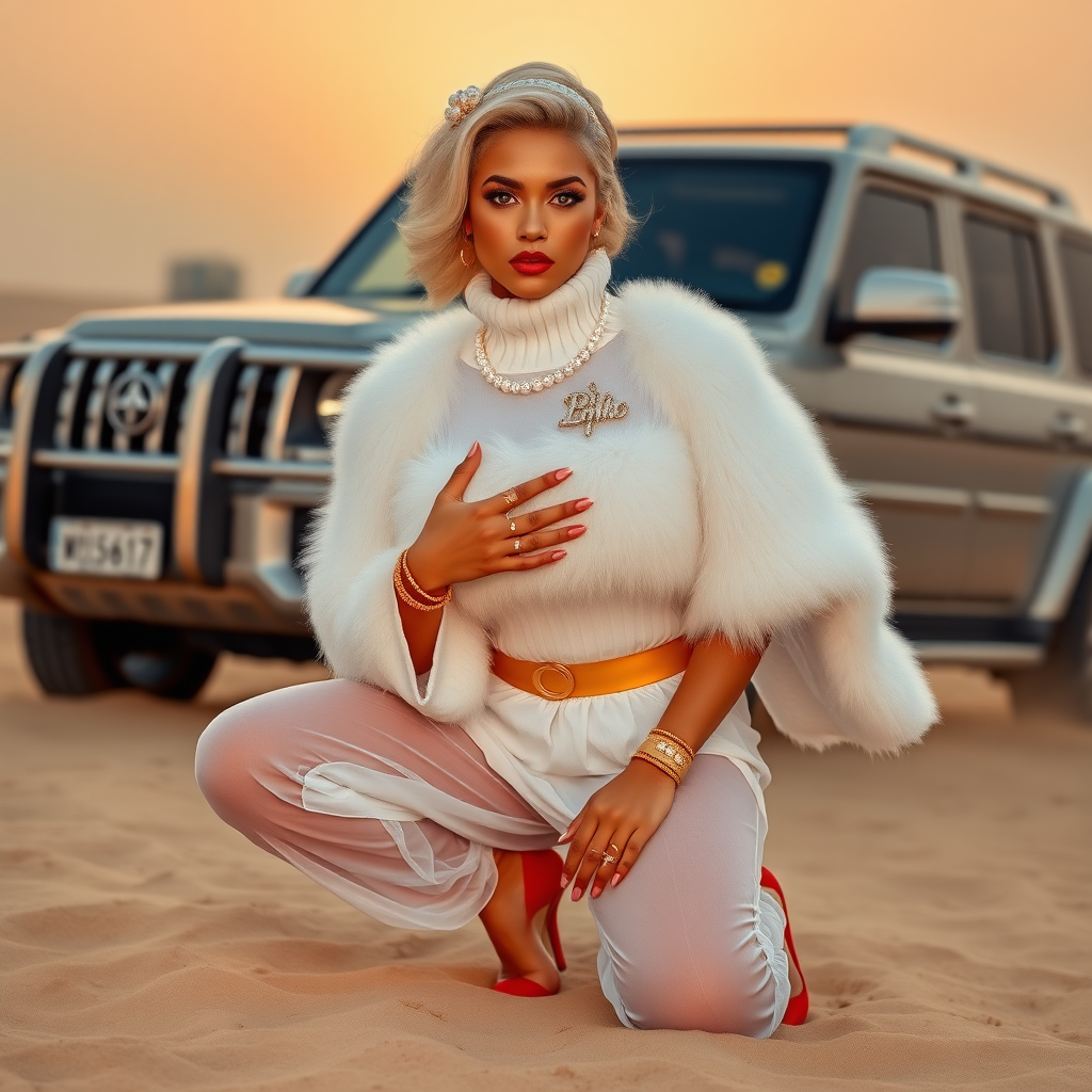 Kuwait desert dunes misty dawn, full size luxury SUV: Melissa, European 17 years old very convincing femboy “trophy-bimbo”, tamed servile docile, very beautiful feminine flawless face, rather short, by hormones very curvaceous womanly figured, platinum blond short tight curls, bold red lips, long white French nails, heavily made-up face, wearing Supertanya-style fluffy very fuzzy bright white angora turtleneck-poncho cropped ending under bust decorated with pearls and glass stones, striking oriental wide gold bridal protection belt, white fully transparent harem pants, bright red pumps with golden very high heels, full Oriental bridal jewelry including headpiece, nose-ring, coin wristlets, coin anklets, striking diamond “Bimbo” letter brooch on left chest, thick heavy pearl wristlets, pearl anklets, pout frustrated, kneeling in sand in front of SUV, looking at camera. Focus on face and turtleneck-poncho.