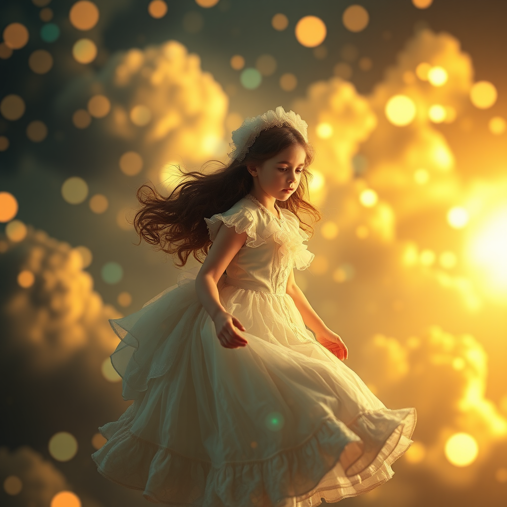 mandelbulb clouds, Low Key Lighting, dreamscape, nebula, Bokeh, abstract, brilliant colors, glittering, translucent, iridescent, glowing, artistic photo, panoramic, airy, original, experimental, fractal, generative art, calm, cinematic shot, opal, gold, preteen girl in Victorian dress floating