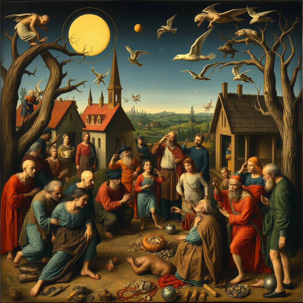 Create an image in the style of Hieronymus Bosch. It shows many different inhuman scenes with people.