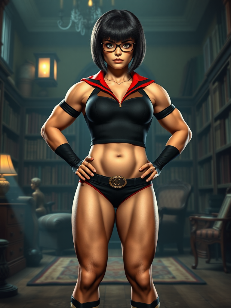 Create a full-length photorealistic image: Character Velma Dinkley possesses an inverted triangle body type of a male bodybuilder. Keep Velma's head intact, maintaining her signature hairstyle and facial features. Ensure her iconic costume fits this new muscular physique. Background inspired by Velma's role, featuring mystery-solving elements like a spooky library or an old mansion. Maintain consistent lighting and detail throughout the scene.