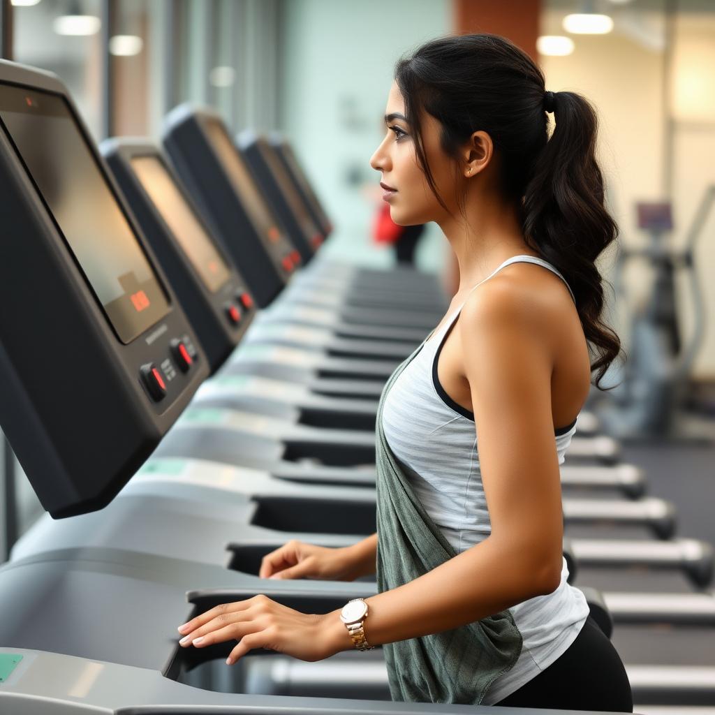 Indian wife, working out on Treadmill in gym