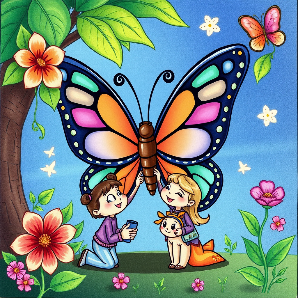 draw a cartoon butterfly with her friends