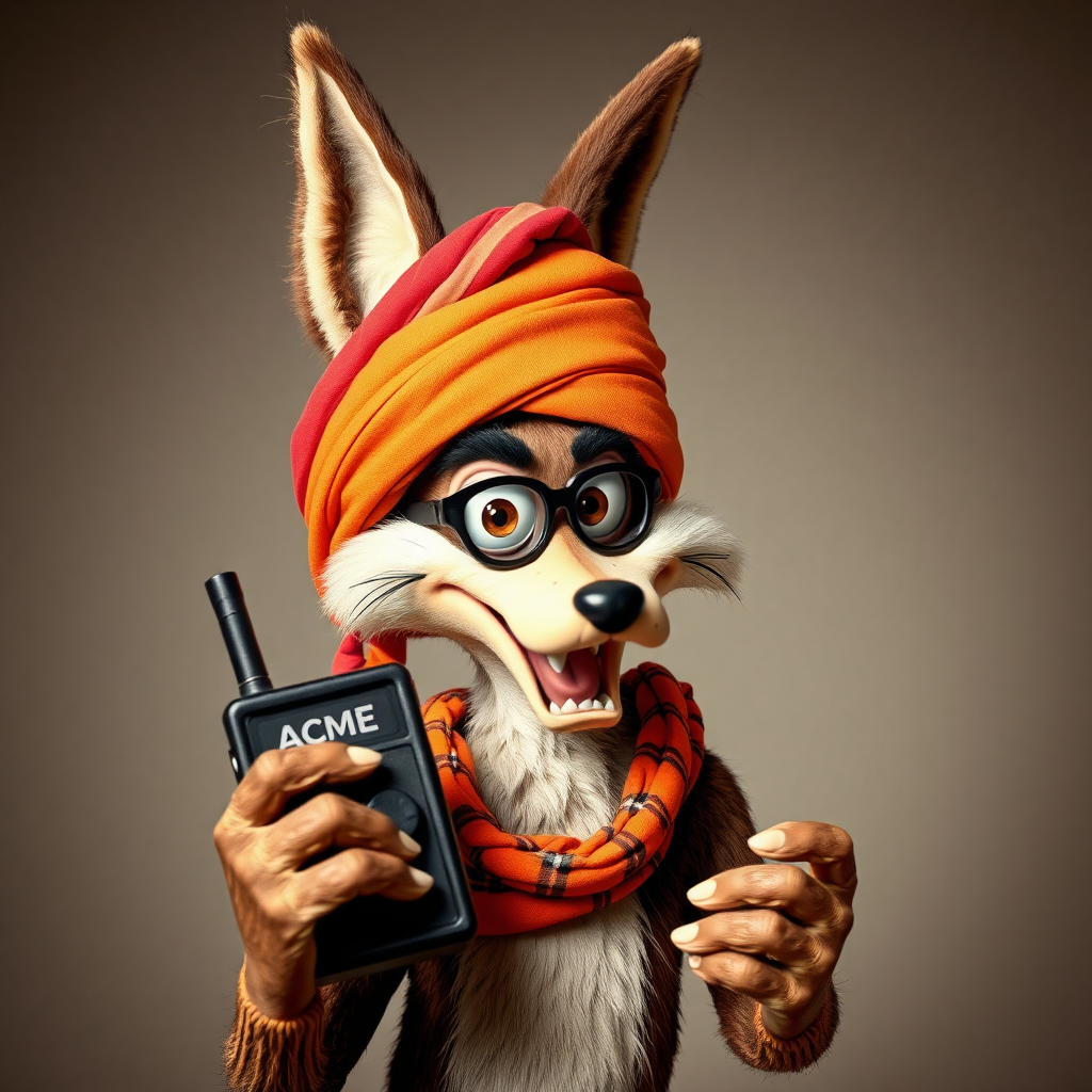 Wile E Coyote, wearing a turban, holding a black 1980's beeper that is branded Acme