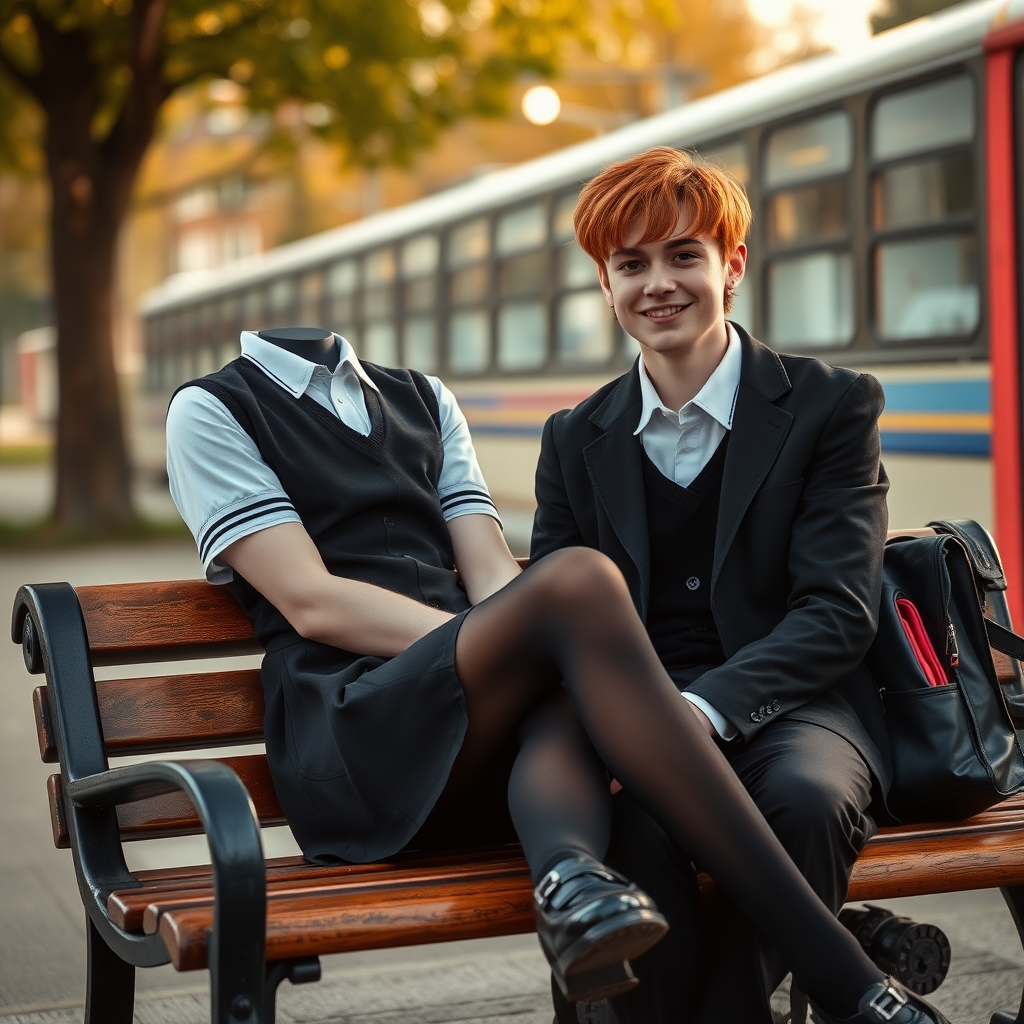 photorealistic, ultra high resolution, 16K, surreal fantasy, soft studio lighting, a pretty 18 year old goth male, slim male physique, auburn hair, goth makeup, earrings, shiny black pantyhose, UK girls-school uniform, Mary-Jane shoes, sitting on his boyfriend's lap on a bench waiting for the school bus, in daylight, excited smile, facing the camera.