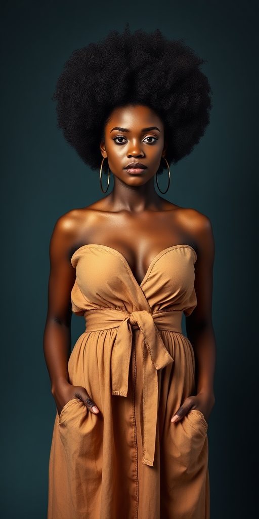 a fullbody photo of an african woman with big breasts with an afro wearing a loose dress that is fastened with a belt directlyunder the breasts