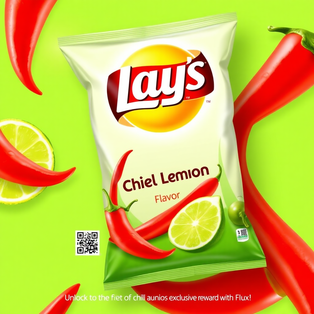 **Packaging Concept:**

A vibrant lime and chili-red color scheme dominates the packaging. The "Lay's" logo is prominently displayed, and the "Chile Limon" flavor is highlighted in bold lettering. A background image of a sizzling chili pepper and a refreshing lime slice adds visual interest. The packaging includes a QR code linking to a Flux promotion, with a tagline like: "Experience the fiery heat of chili and the tangy zest of lime. Unlock exclusive rewards with Flux!"