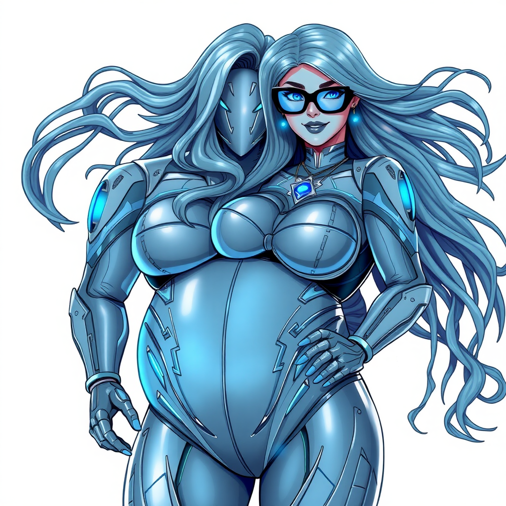 A 29-year-old computer science major, she is the devoted girlfriend of a vigilante and serves as his dotingly pampered, full-figured, nerdy, Middle Gray (N5) metallic digital sidekick. She has become a Computer Program hybrid, with a unique, metallic Middle Gray (N5) skin color that blends with her suit and hair, appearing to merge together as computer data. Her long hair, suit, and skin are all the same metallic Middle Gray (N5) all blending together to appear to merge as computer data. Her neon blue eyes are mesmerizing. Her full figure, especially her prominent, round, gargantuan midsection, shows just how heavily fed and pampered she is, with sequoia-sized limbs and broad shoulders.

As a loyal and supportive sidekick, she plays a crucial role in their missions, using her digital prowess to assist and protect. She wears a blue sapphire scarab necklace and blue sapphire earrings, which she received as symbols of their love before his 5-year disappearance. Her digital, computerized bodysuit, also the same metallic Middle Gray (N5), blends with her skin and hair (appearing to merge together like computer data). She is equipped with high-tech features, including holographic displays and integrated hacking tools. She has matching high-tech gloves. She emits neon blue data cubes from her body, set against a solid white background.

Heavily, attentively, and immensely pampered through being well-fed since their reunion, her full figure clearly shows the extent of care she has received. Despite her digital enhancements, she retains her human vulnerabilities, including hunger and sleep, and is not immune to human weaknesses. She has the ability to hack into computers and machines, and her nerdiness is blatantly obvious with her black oversized eyeglasses. Her full figure, especially her gargantuan midsection, is prominently displayed and heavily emphasized. Her outfit, influenced by DC’s Jennifer Knight Phantom Lady, remains distinct.

Despite her boyfriend’s limited resources, she assists in the war on crime by serving as a minicomputer, traveling in a high-tech wristwatch and supercar’s computer system. Using her hacking abilities, she relays crucial knowledge related to missions. She has a beaming smile. She is drawn as if she was in a retro 2D cyberpunk fighting game.