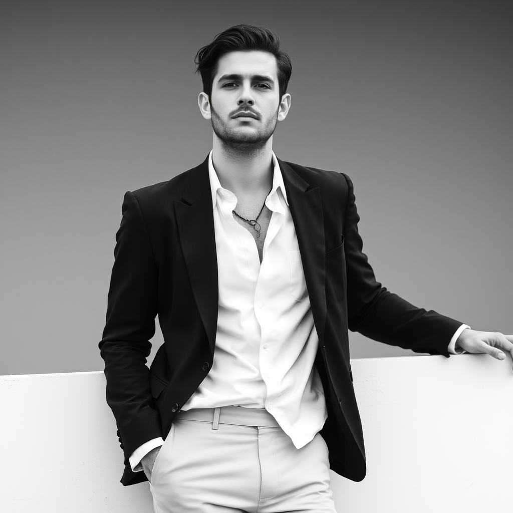 black white 
a attractive man in a suit leaning on a white wall 
90s style