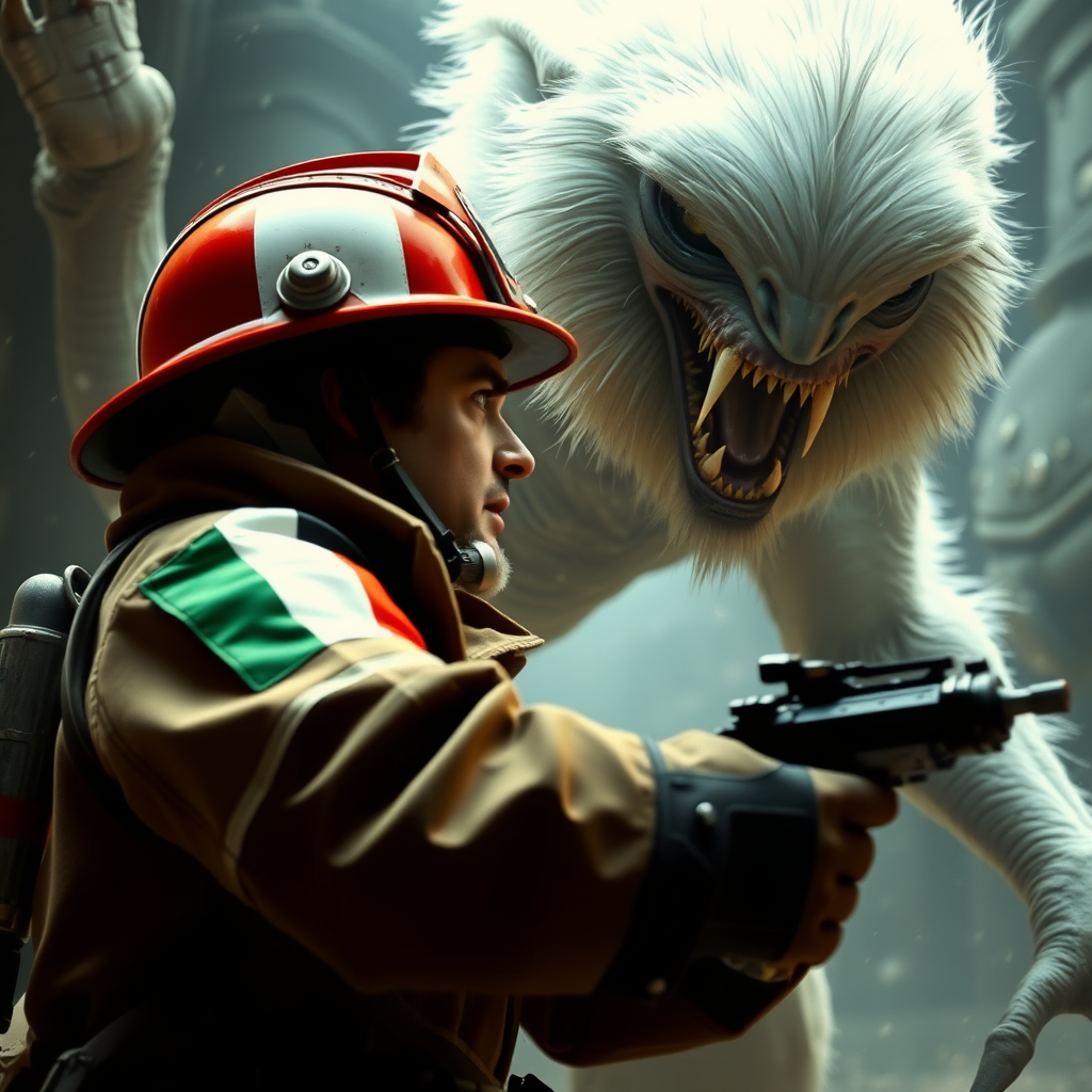 An Italian fireman fighting a giant alien in a Star Wars-like setting, the alien must be furry, white and with big fangs. The face of the fireman must be visible.