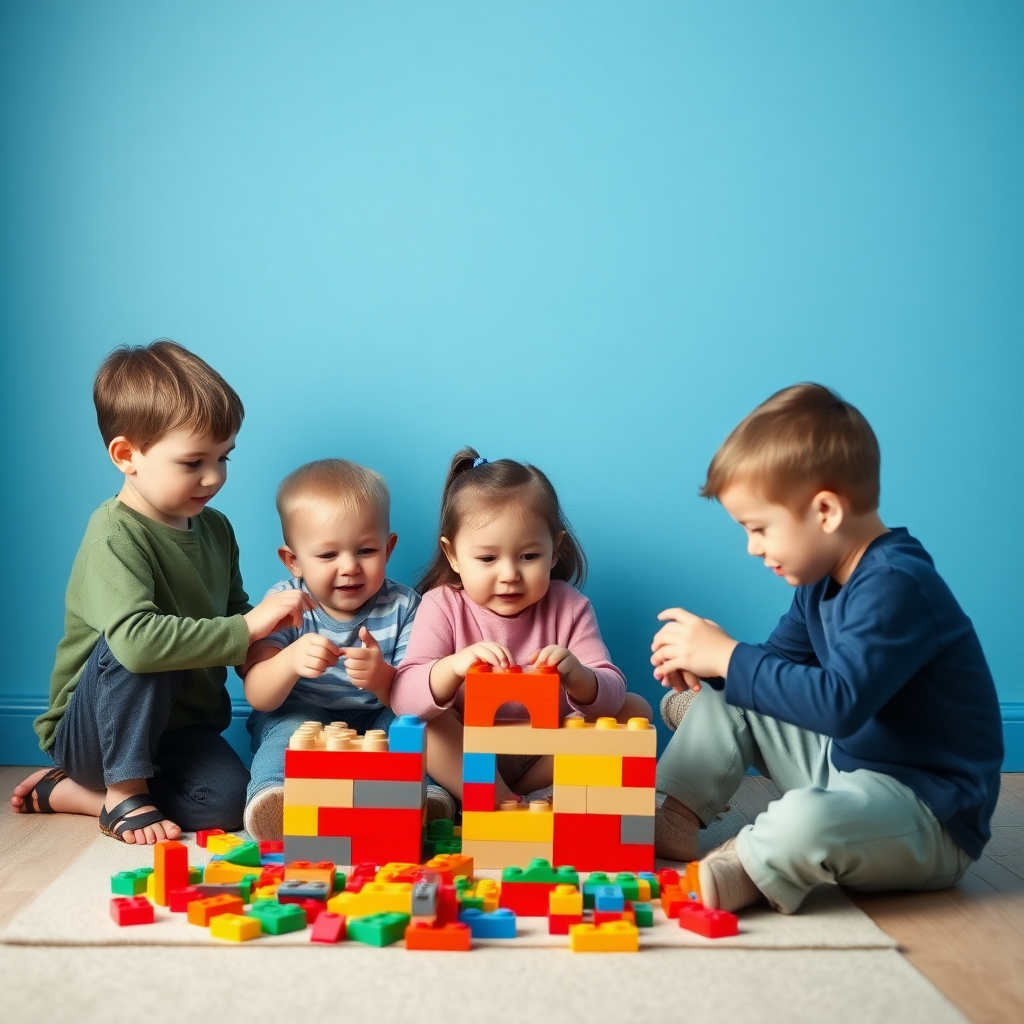 A group of 5 different children who are either short or long in height, fat, black, fair playing toy building blocks age 10 and room in which they are playing should have blue color walls.