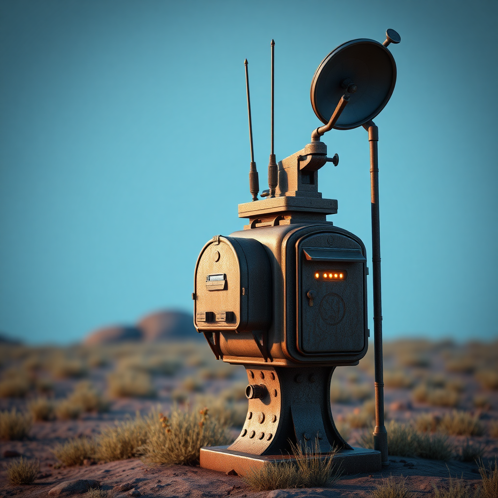 A full shot image of a stand, 3D model in Unreal Engine of a sci-fi interdimensional mailbox with antennas, on the side of it is a pole with a satellite dish on top. Small lights and buttons on the mailbox. Super rustic, futuristic.