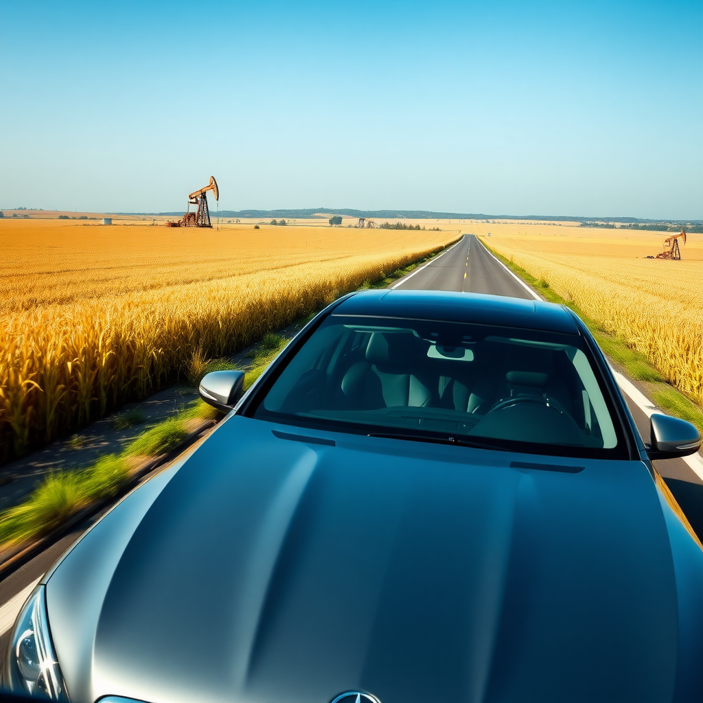 A Mercedes-Benz sedan is cruising on the highway, with fields of golden rice on either side. There are some oil drilling equipment in the fields, and the horizon stretches 180 degrees, with a clear blue sky.