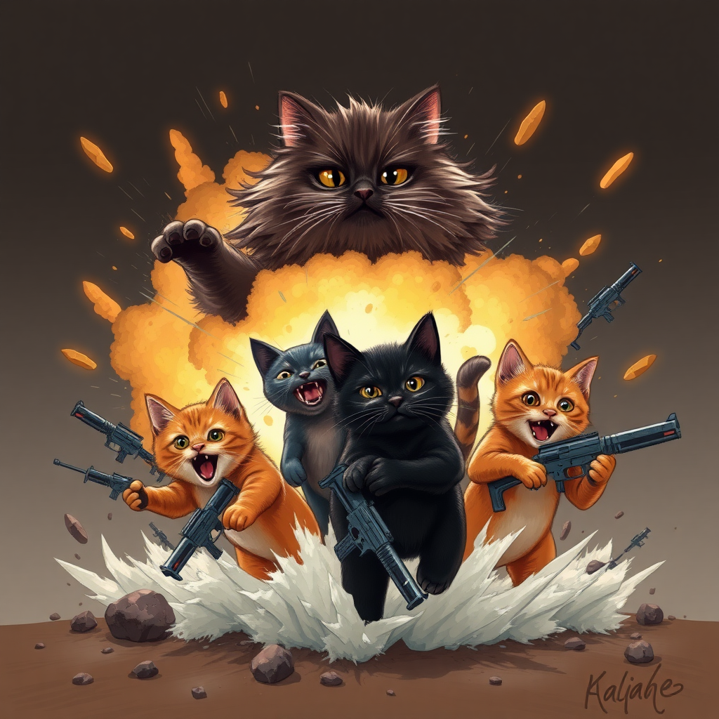 1 dark brown fluffy cat, 1 black cat, 1 brown cat, and 1 orange cat coming out of an explosion with sharks and weapons.