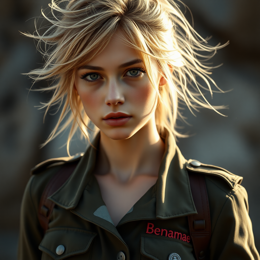 A full body shot of a pretty twenty-something female with a face resembling (ana de armas). strawberry blonde messy shoulder length hair tussled by wind. military outfit, "Benaenae" badge on the breast pocket. Hyper-realistic, Photorealistic digital matte painting, soft focus, film grain, lens flare. gritty, dirty, scuffed.