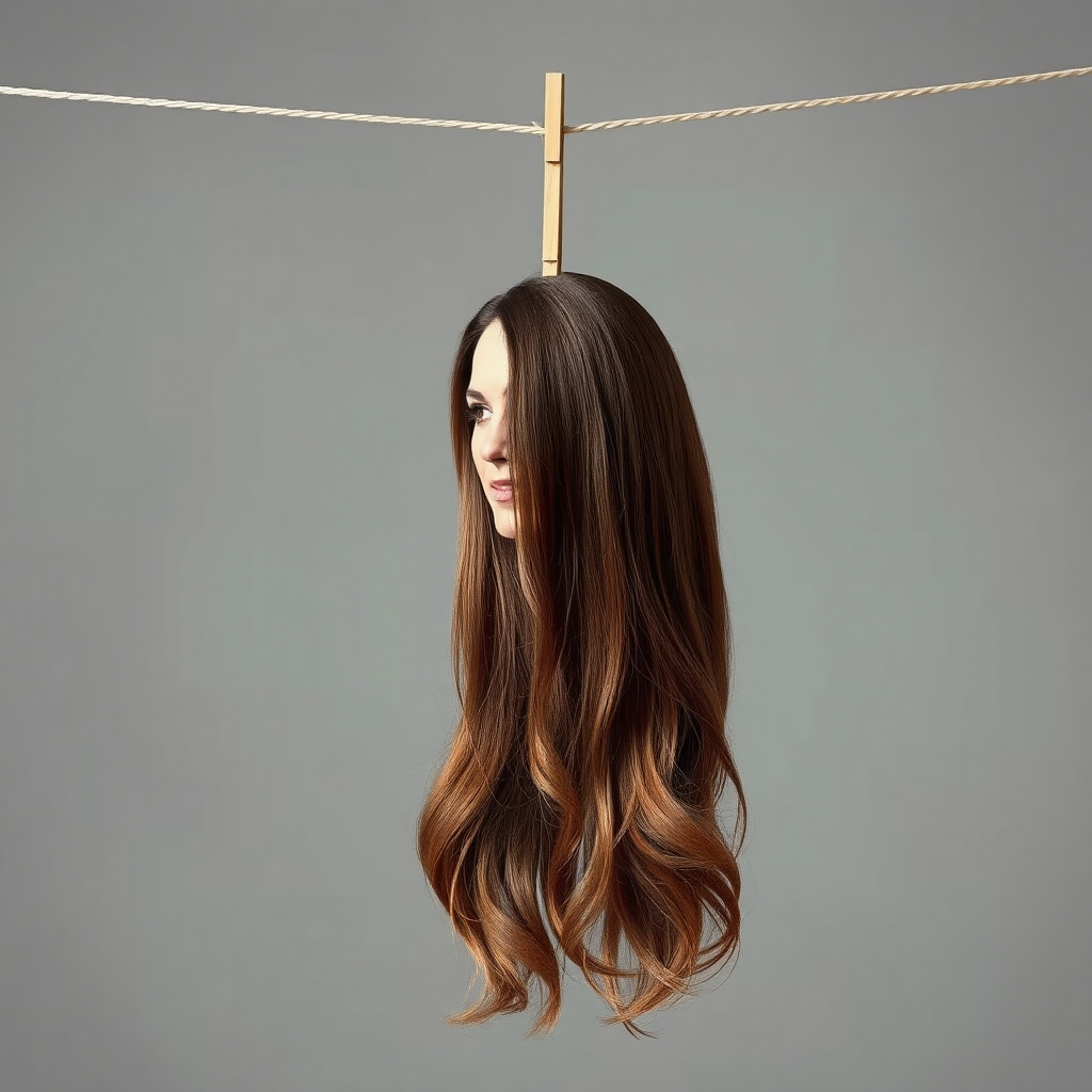 A surreal image of the beautiful very long haired Kate Middleton's disembodied head hanging by her long hair from a clothesline.  Plain gray background.