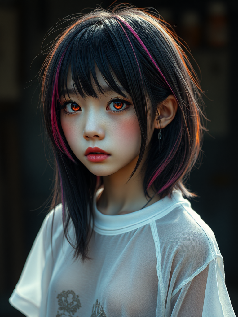 A beautiful homeless mysterious surreal Asian young girl in a very old, transparent white T-shirt, see-through, with black and rainbow-colored hair and red eyes, she is looking sad without hope in her eyes, crying one teardrop, heartbreaking