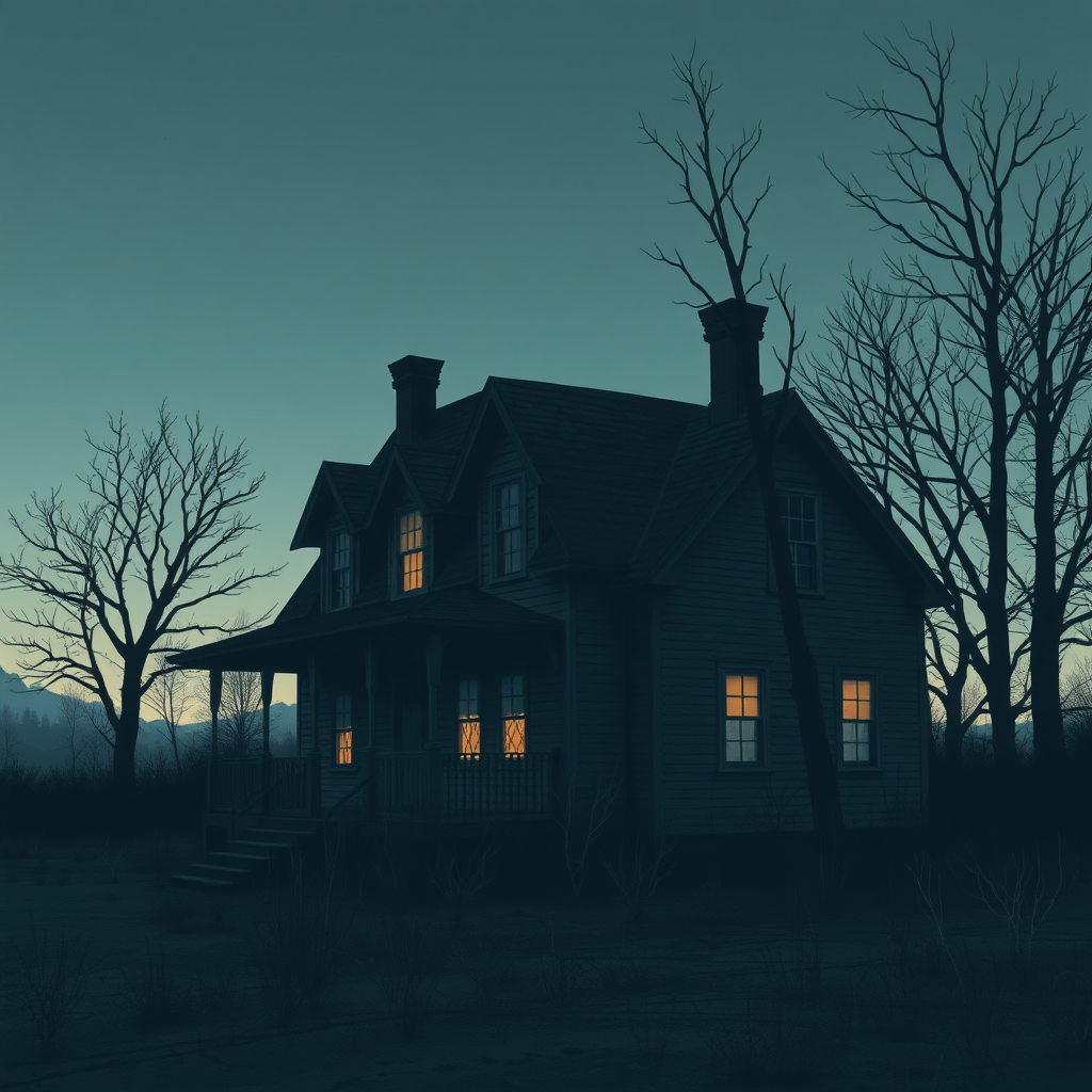 a nostalgic grainy digital illustration of a lonely house, grey washed out colors, bad lighting, dusk, trees, abandoned