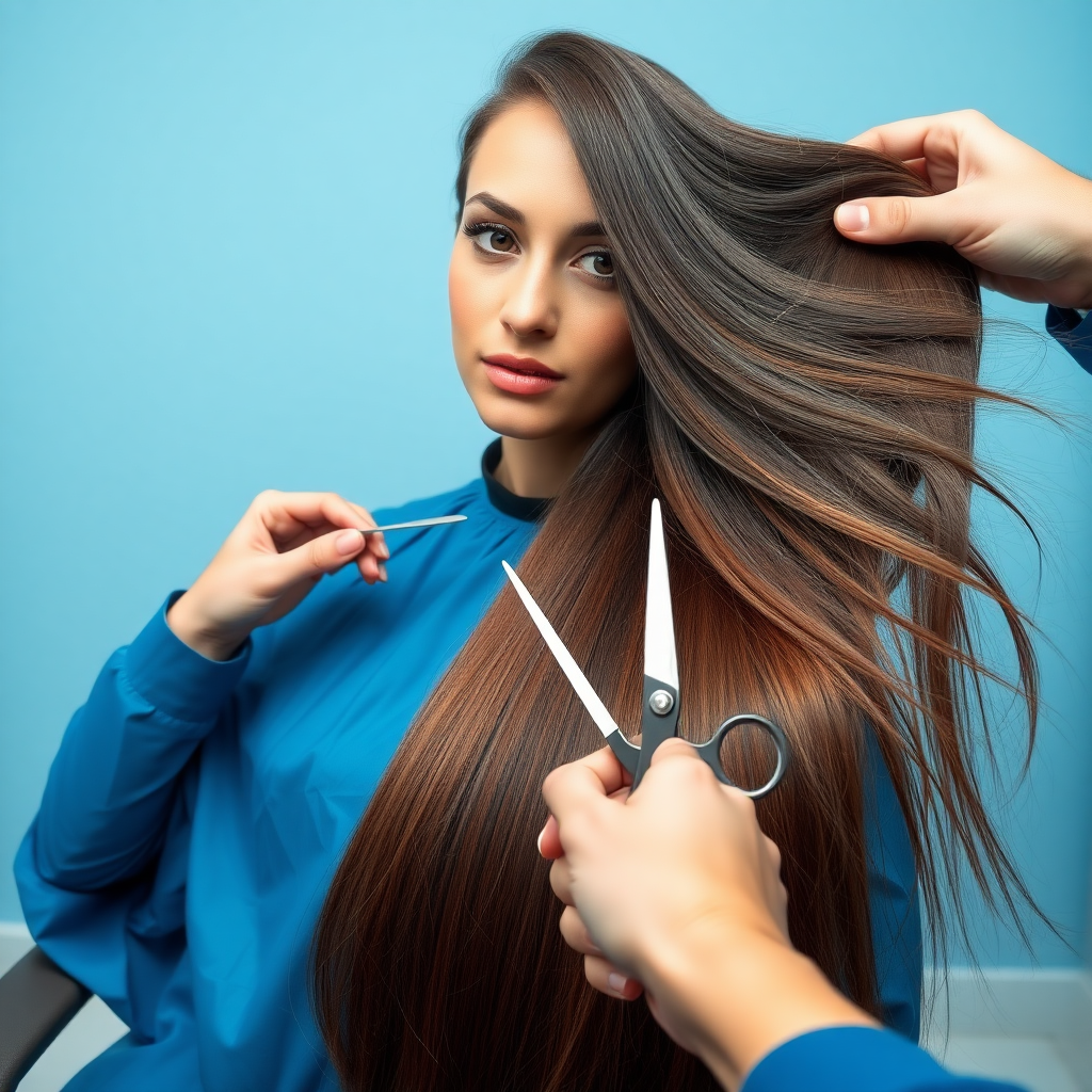 POV, A beautiful woman sitting in a hair salon wearing a blue salon cape, looking at the camera. Her very long hair meticulously fanned out. I'm grabbing a lock of her hair with one hand and preparing to cut it with scissors held in the other hand. Plain light blue background.