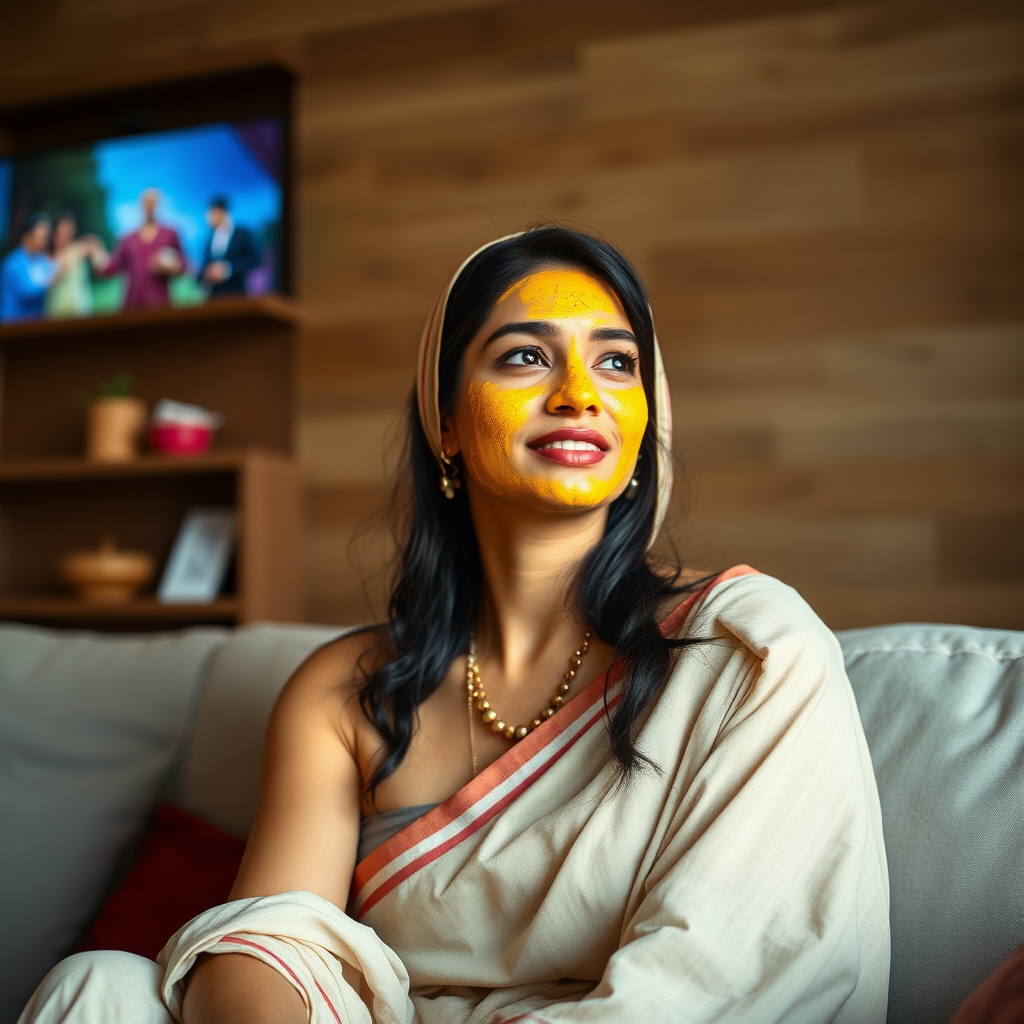 slim, 30 year old, modern indian wife with hair covering, turmeric paste on her face. she is sitting on a sofa and watching TV