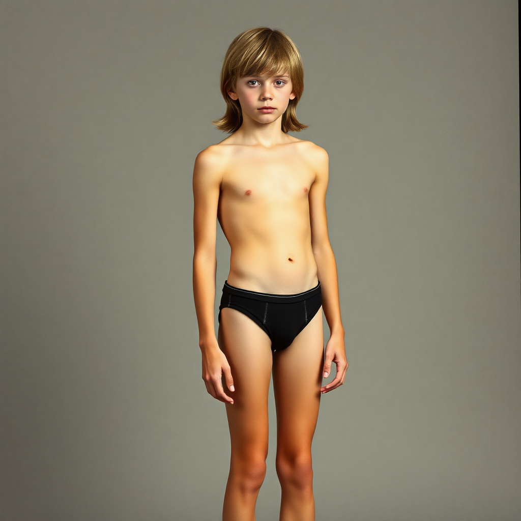 A skinny 14yo teen boy, long hair bow cut, wearing narrow speedo, long legs, narrow thighs. full-length view. 1970s. photorealistic, ultra high resolution, 16K, Negative: grainy, blurry, bad anatomy, extra limbs, watermark.