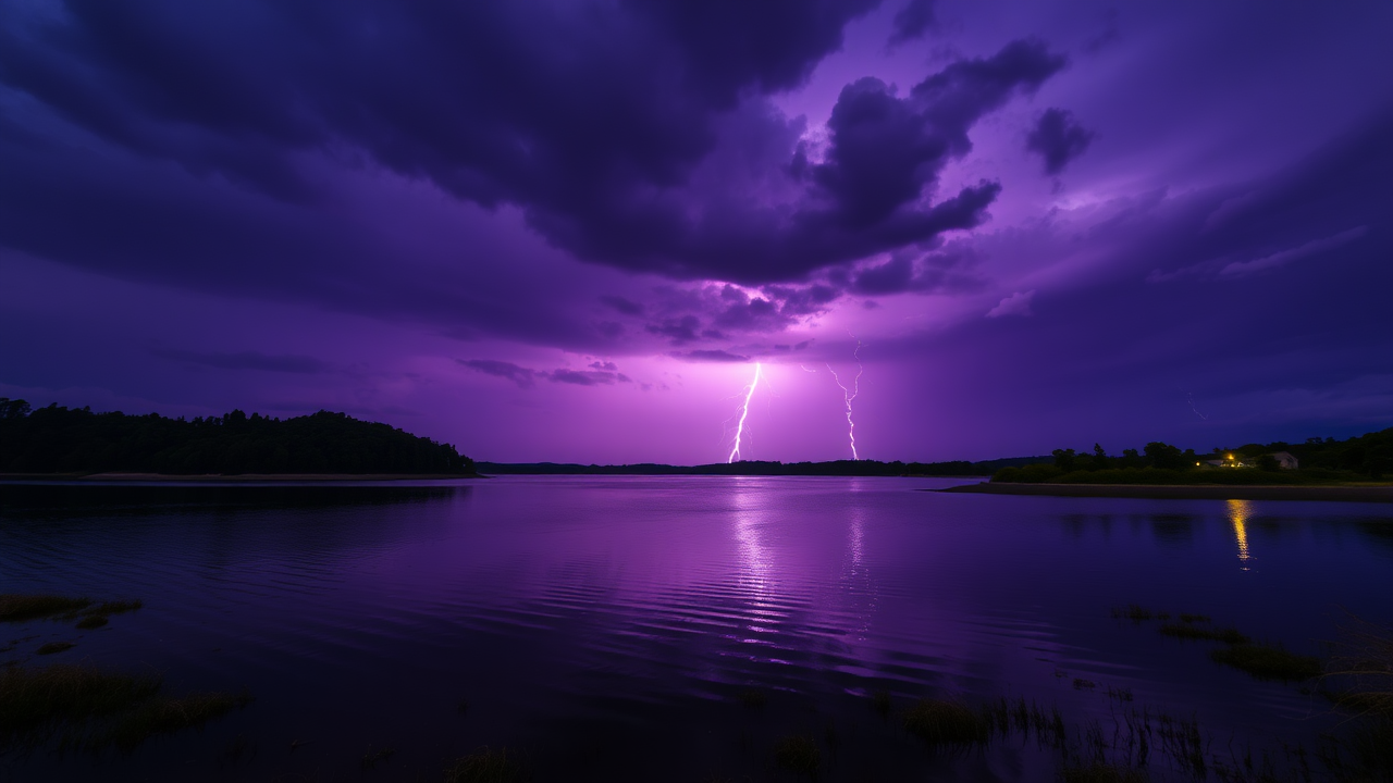 photo, lakes, nature, purple sky, lightning