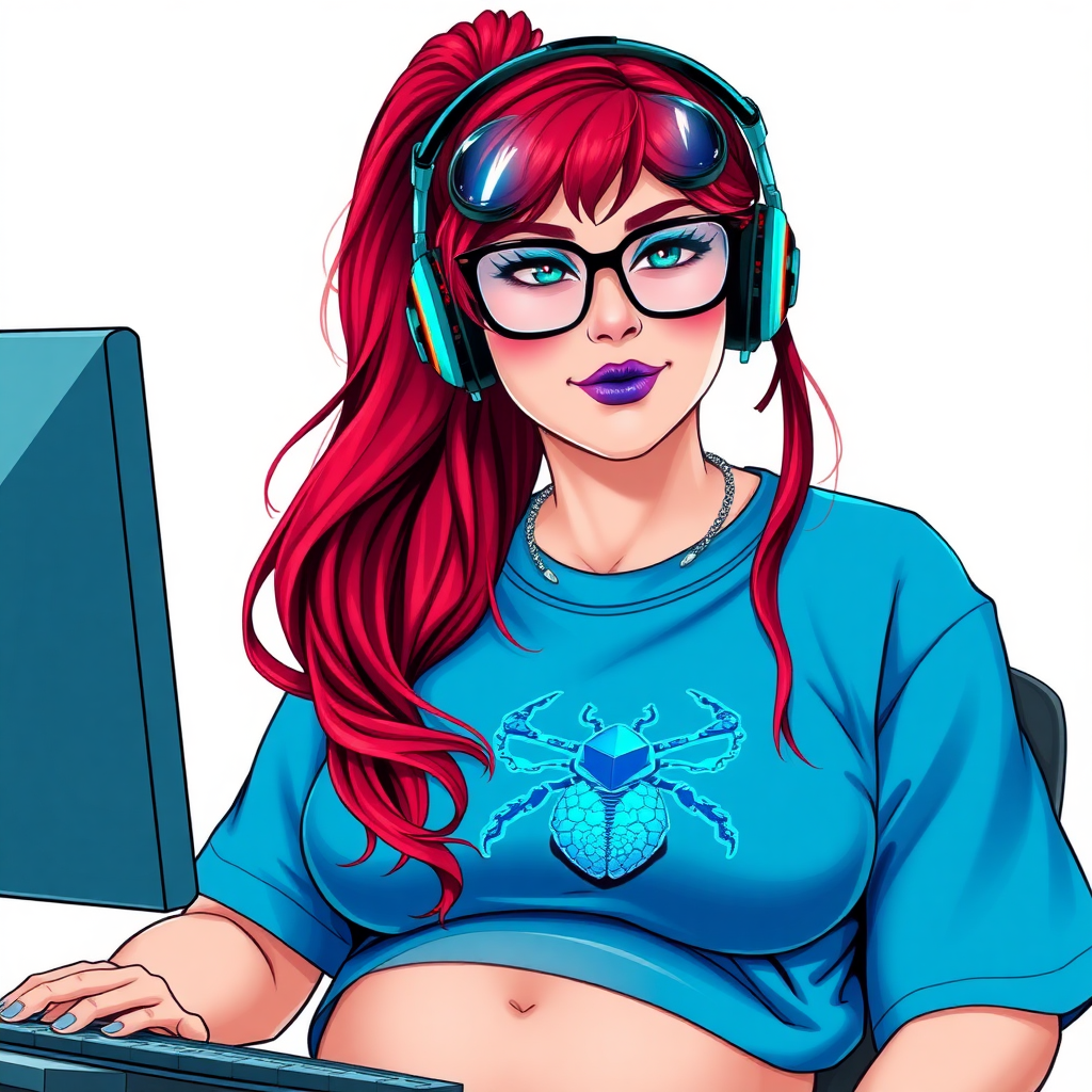 A cyberpunk vigilante’s full-figured intelligent and tech-savvy 28-year-old girlfriend, who is a computer hacker and tech genius. She has a long ruby red ponytail. She wears maximum blue lipstick, bright blue eyes, a sapphire beetle gemstone necklace, sapphire earrings, black eyeglasses, and an oversized maximum blue t-shirt featuring a blue sapphire gemstone crusted scarab beetle chest icon. She has a full-figured physique with a prominent, massive, round belly, reflecting her well-cared-for lifestyle. She sports a sapphire headset with a hi-tech maximum turquoise lensed HUD, and a shy smile with a neon red blush. She serves as his tech expert from his hideout, diligently working at her lab table computer desk. The background is solid white. She is drawn as if she was in a retro 2D cyberpunk fighting game. Ensure her maximum blue t-shirt covers her belly.