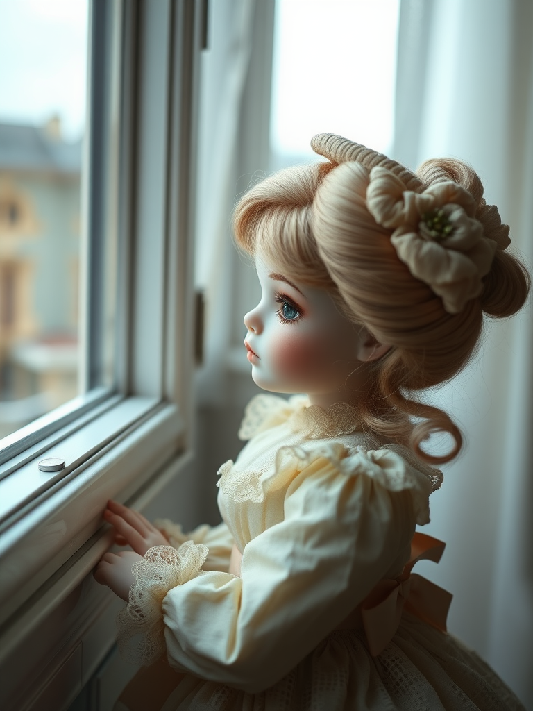 ooak art doll, artist doll, looking out the window, leaned forward, dreaming, realistic doll, life-like porcelain doll, unique personality, stunning eyes, bisque doll, bjd, Victorian dress, classicist art, portrait photography, romanticism, low key lighting, dept of field, studio photography, full body shot, cute pose, noon