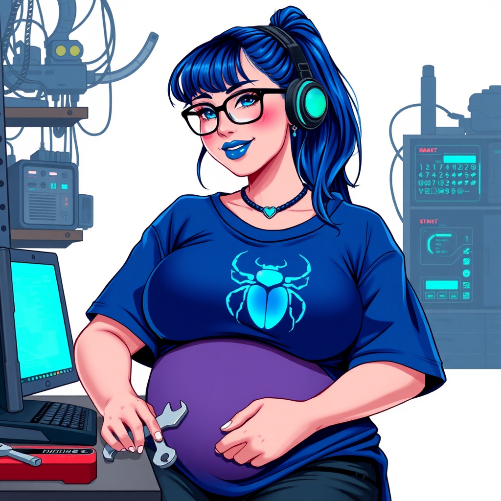 A cyberpunk vigilante’s full-figured intelligent and tech-savvy 28-year-old girlfriend, who is a computer hacker and tech genius. She has a long maximum blue ponytail. She wears maximum blue lipstick, bright blue eyes, a sapphire beetle gemstone necklace, sapphire earrings, black eyeglasses, and an oversized maximum blue t-shirt featuring a blue sapphire gemstone crusted chest icon of a beetle. She has a full-figured physique with a prominent, massive, round belly, reflecting her well-cared-for lifestyle. She sports a sapphire headset with a hi-tech maximum turquoise lensed HUD, and a shy smile with a neon red blush. She serves as his tech expert from his hideout, diligently working at her workbench and computer desk, while holding an electronic wrench and a holographic computer tablet. The background is solid white. She is drawn as if she was in a retro 2D cyberpunk fighting game. Ensure her maximum blue t-shirt covers her belly.