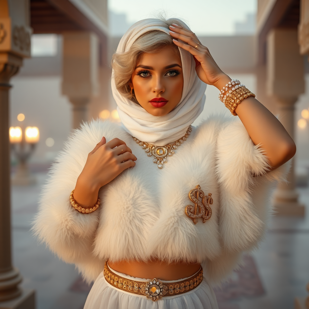 Kuwait desert palace harem patio misty dawn: Melissa, European 17 years old very convincing femboy “trophy-bimbo”, tamed servile docile, very beautiful feminine flawless face, rather short, by hormones very curvaceous womanly figured, platinum blond short tight curls, heavily made-up eyes, wearing Supertanya-style fluffy very fuzzy bright white angora turtleneck-poncho cropped ending under bust decorated with pearls and gemstones, striking oriental wide gold bridal protection belt, white fully transparent harem pants, full Oriental bridal jewelry, face covered by white sheer full Burka, coin anklets, striking diamond “$$$” letter brooch on left chest, pout frustrated, seductively dancing hands over her head, looking at camera. Focus on face and turtleneck-poncho.