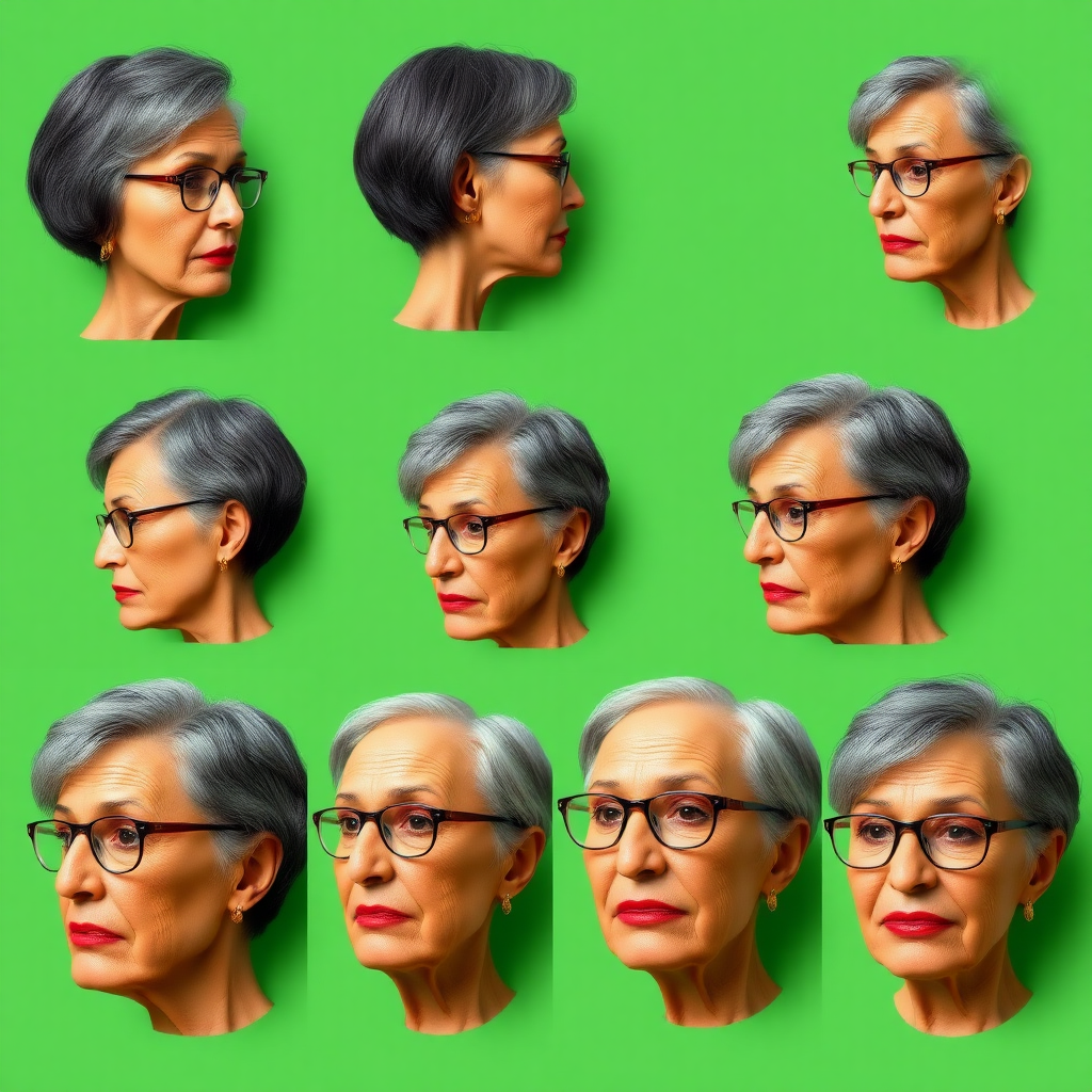 Photorealistic image of six headshots of a 55 Years old, European, Latina, sharp aquiline nose, wrinkles, high cheekbones, Middle Eastern, Skinny, Tanned skin, Dark light skin, full Makeup, jewelry, Sharp nose, frowning, astonished, delighted, dark grey Ash hair, short bowl haircut, Brown eye color, Glasses, with detailed features. Each photo displays the same face in profile and front view, cut out and isolated on a green background. All six heads are visible side by side, empty space around each view, no overlapping.