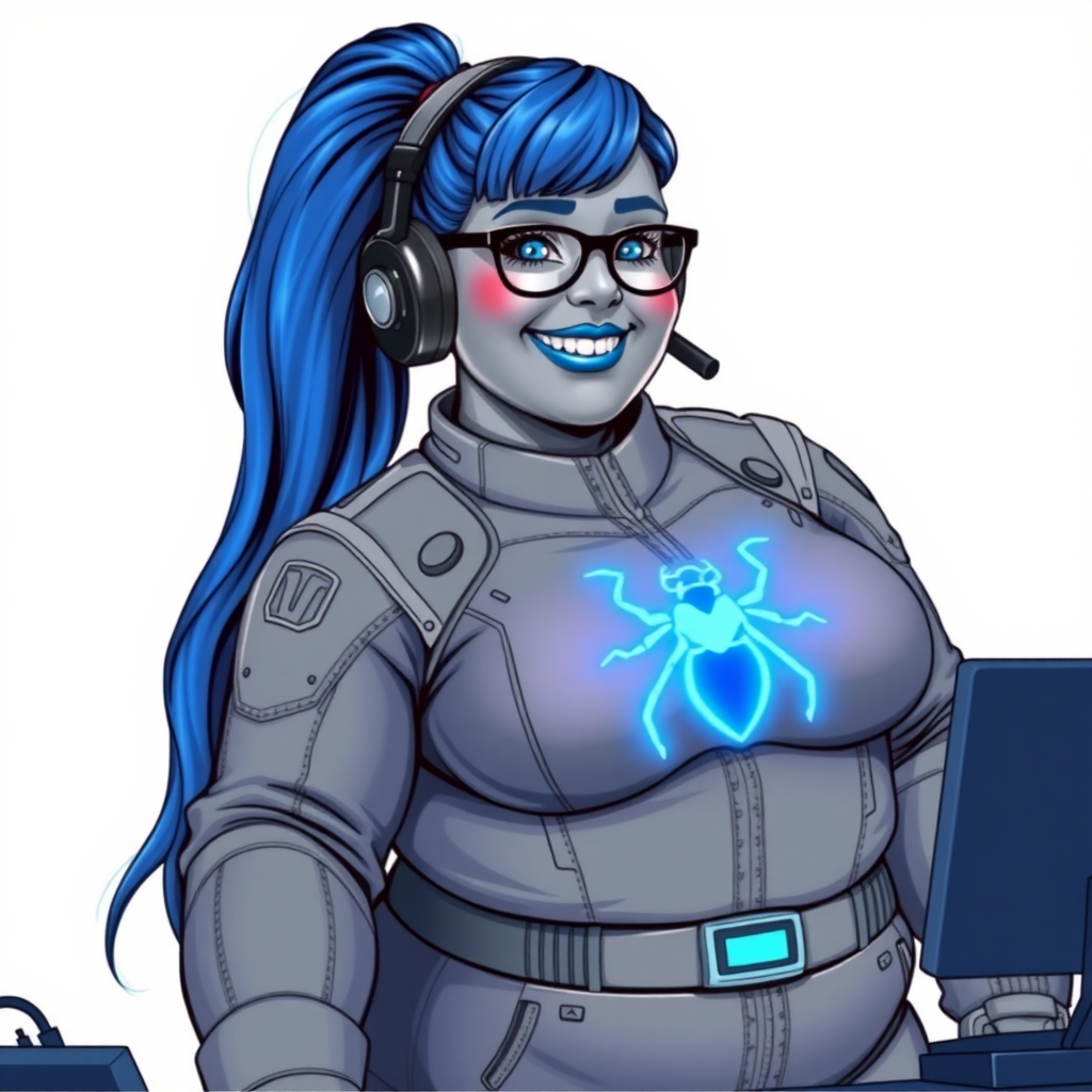 A nerdy, full-figured middle gray-skinned 29-year-old computer program hybrid with a long, maximum blue ponytail. She wears maximum blue lipstick and has bright blue eyes. Her outfit includes a digital, computerized, middle gray biker suit featuring a neon blue glowing beetle chest icon. She sports a sapphire headset and black eyeglasses, with a lovestruck smile and neon red blush. Her full figure reflects the doting care of her vigilante boyfriend. As his tech expert, she works diligently at her lab table in their hideout. The background is solid white. She has a prominent, gargantuan, round midsection, thick limbs, and broad shoulders. Her middle gray metallic skin highlights her digital nature. The biker suit blends with her middle gray skin appearing to merge together as computer data. She is drawn as if she was in a retro 2D cyberpunk fighting game.