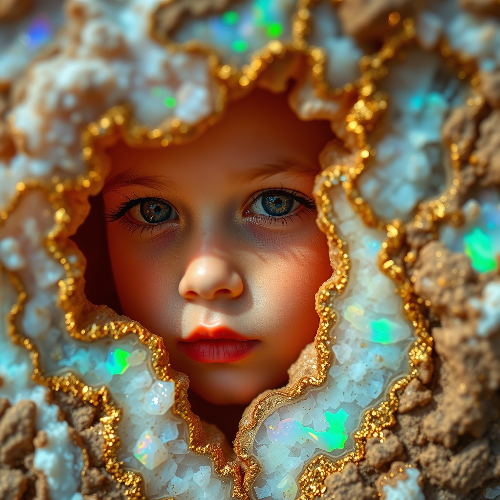 young girl, high quality photo, intricate environment, ultra-detailed, impressionistic, dynamic composition, artistic photograph, geode, alabaster, gold, fractal, brilliant colors, glittering, sunlight, illumination, transparency, translucent, opal