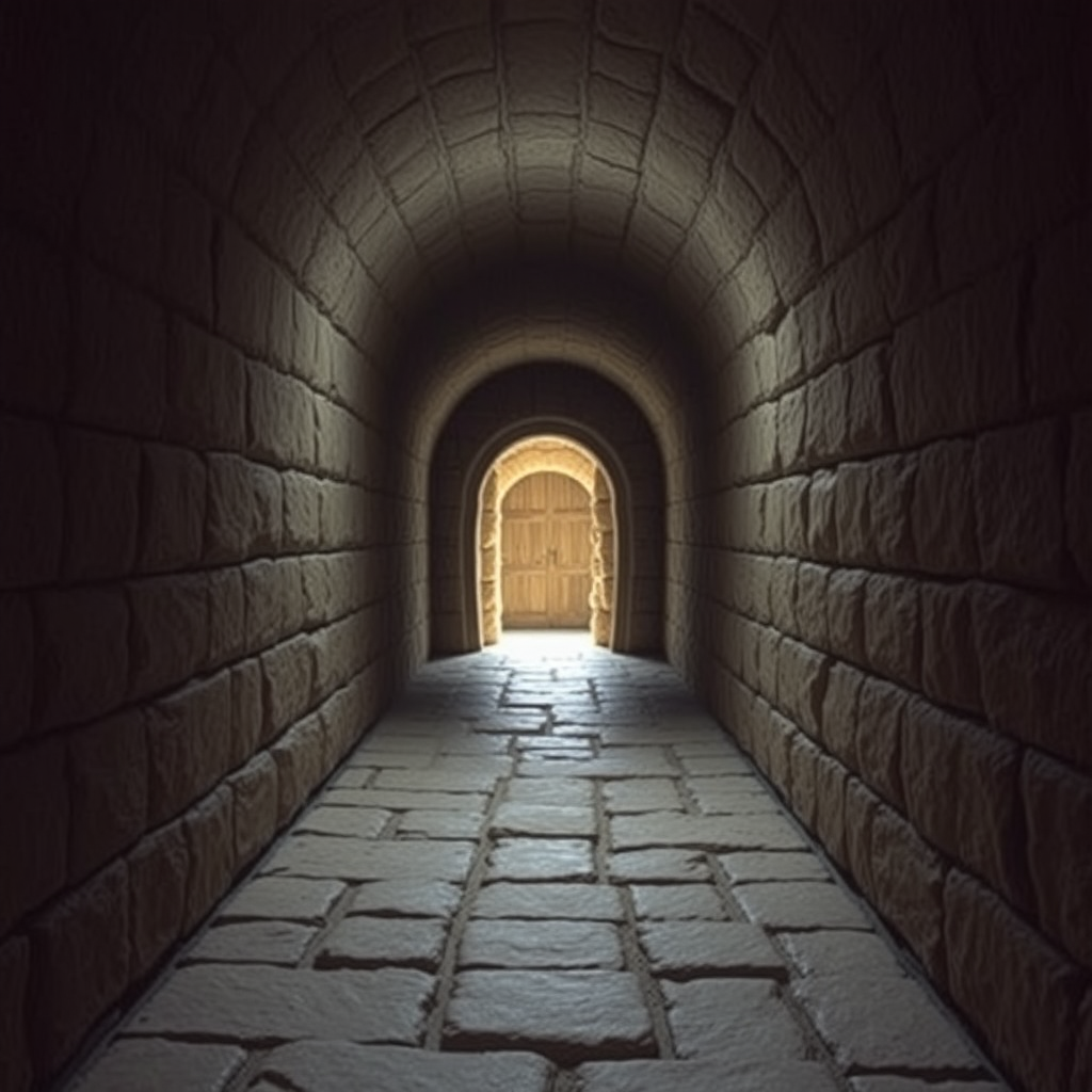 highly detailed realistic 35mm fantasy movie still photograph of This is another plain stone passageway, but the ceiling is only 10' high. Daylight will enable adventurers to dimly see what appear to be two separate doors at the end of the corridor. The floor paving at 50' distance within the passage will shift slightly when adventurers tread upon its surface. They will hear a rumbling from behind (or beside if some are at 30' within) them, the huge stone block, 10' thick, has slid shut and completely sealed off the passageway. This block cannot be moved or forced back.