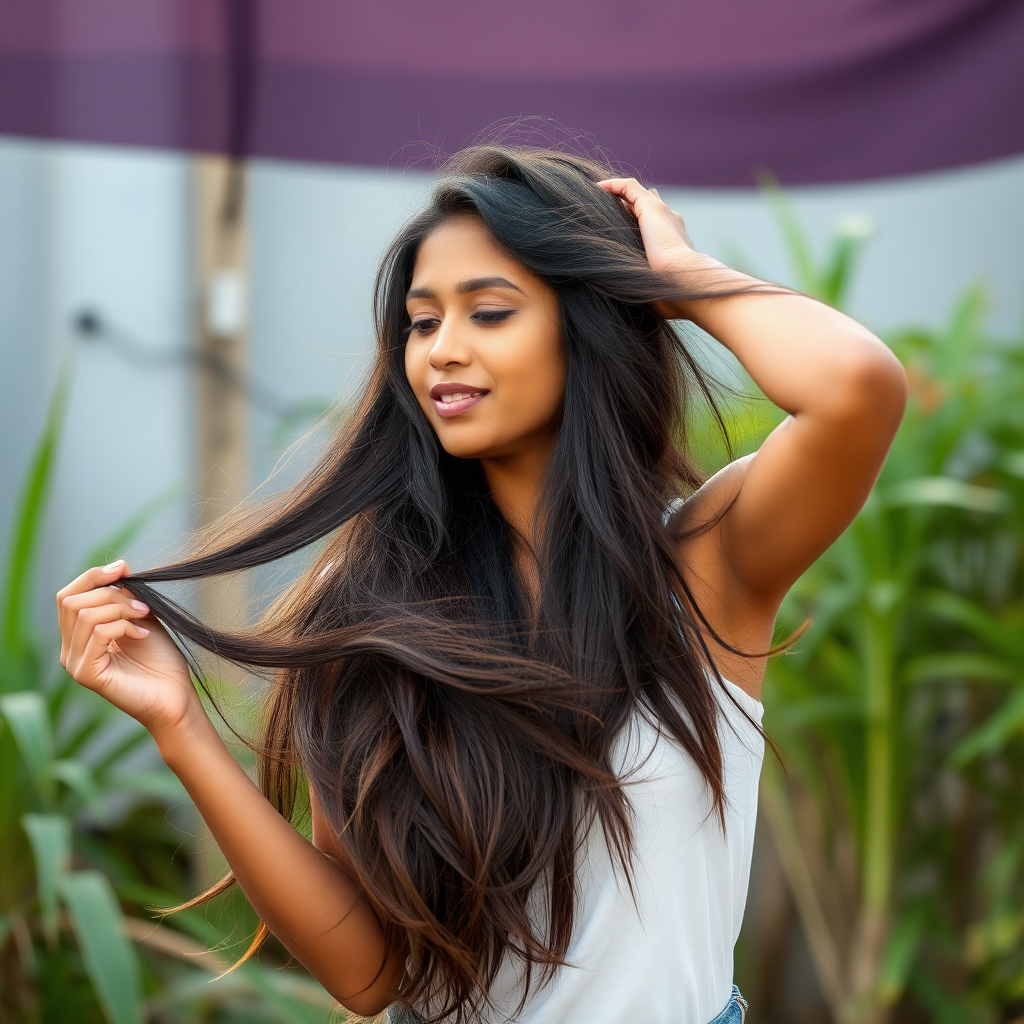 An attractive Sinhalese woman in her 20s playing with her long hair