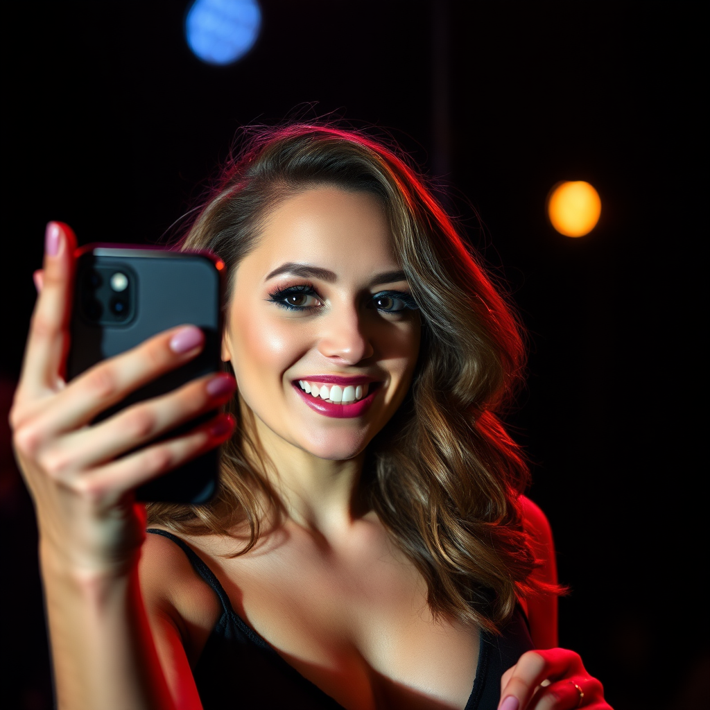 A first person iPhone selfie of a performer on set, during an adult performance. She is smiling.