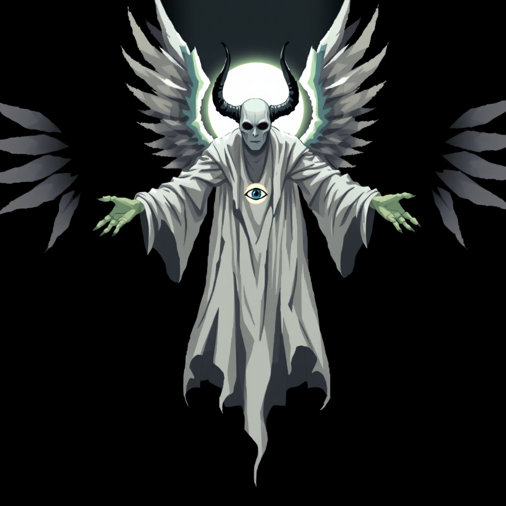 (Anime Pixel-styled art) Black background, a haunting godly-powerful angelic figure known as Yaldabaoth, the Demiurge, hovers ominously in mid-air. His tall, ghost-like form exudes a spectral presence, draped in flowing white-and-black robes that billow with an ethereal energy. His entire face is veiled by a strange and eerie, pure white circular light, from which a single eye looking down symbol glows faintly in its center, casting an unsettling aura. Four large, menacing horns crown his head, giving him an air of divine yet terrifying power. Behind him, four angelic wings, majestic and shadowy, spread wide—simultaneously invoking grace and fear. His outstretched hands seem to beckon with an unknown purpose, completing his full-body, otherworldly presence in the dark expanse, Shrek is there yelling for help