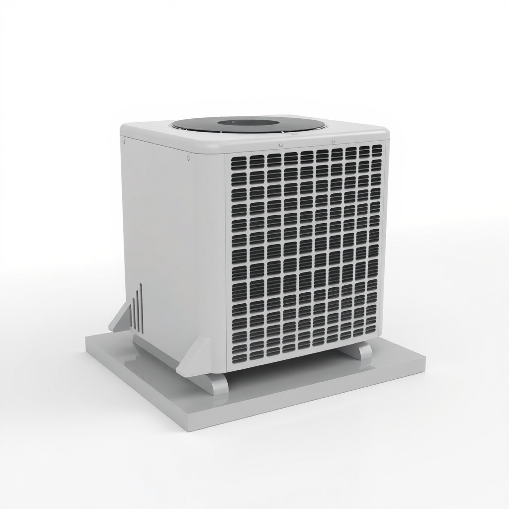 A simple, 3D model of a standard residential outdoor air conditioning unit or condenser. The unit should be placed on a flat surface. The unit should be a neutral color. Plain, uncluttered background. No text.