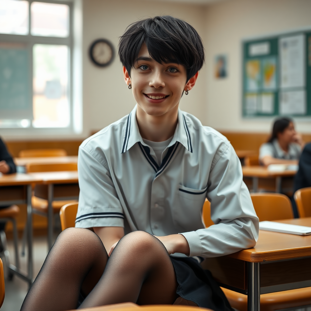 photorealistic, ultra high resolution, 16K, surreal fantasy, soft studio lighting, a pretty 16 year old goth male, slim male physique, short dark hair, blue eyes, goth makeup, earrings, sheer pantyhose, UK girls-school uniform, Mary-Jane shoes, sitting in the classroom, excited smile, facing the camera.